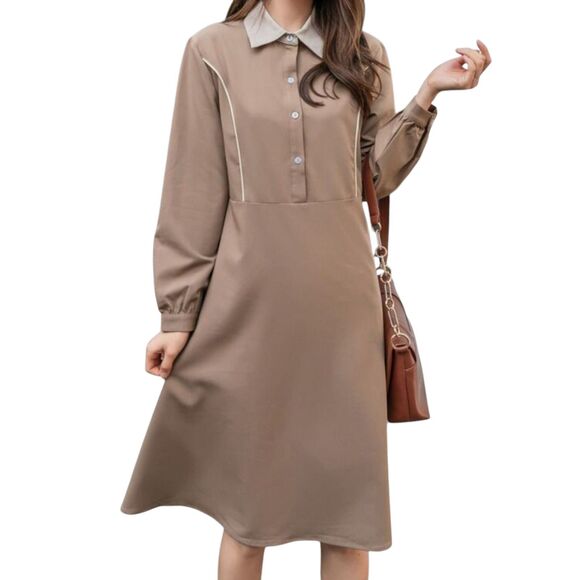 Dazy Tan Beige Contrast Collar Midi Shirt Dress Size L Long Sleeve Rayon Blend - Picture 10 of 10
